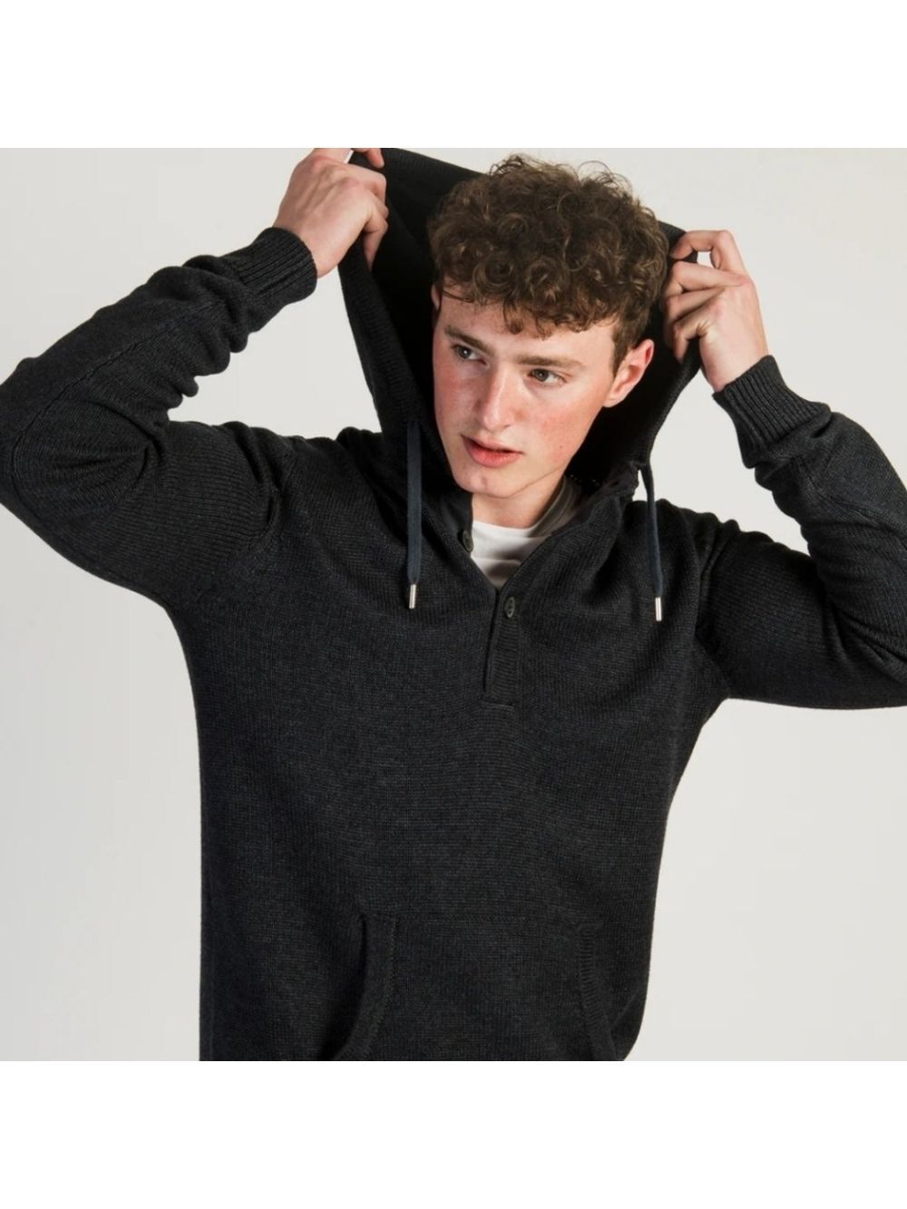 Mens KOLBY gray knit pullover hoodie henley preppy sweater/pockets. Size Large